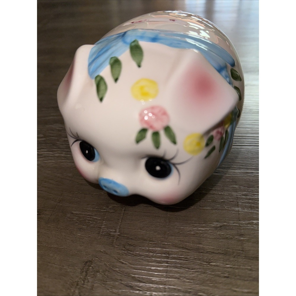 Vintage Hand painted Ceramic Piggy Bank Pig Flowers Blue Ribbon Made In Taiwan